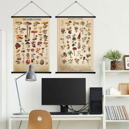 Geosar 2 Pcs Vintage Mushroom Flower Butterfly Tree Poster Fungus Rustic Wall Hanging Illustrative Reference Chart Poster for Bedroom Living Room, 15.7 x 23.6 Inch(Mushroom,Flower)