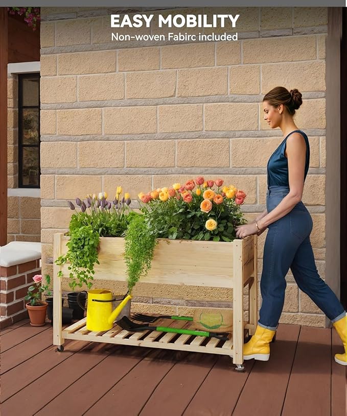 CABIHOME 48x24x32-in Wooden Raised Garden Bed, Planter Box with Legs, with Bed Liner and Bottom Shelf Flowers, Veggies, Herbs for Backyard, Patio, Balcony, Natural