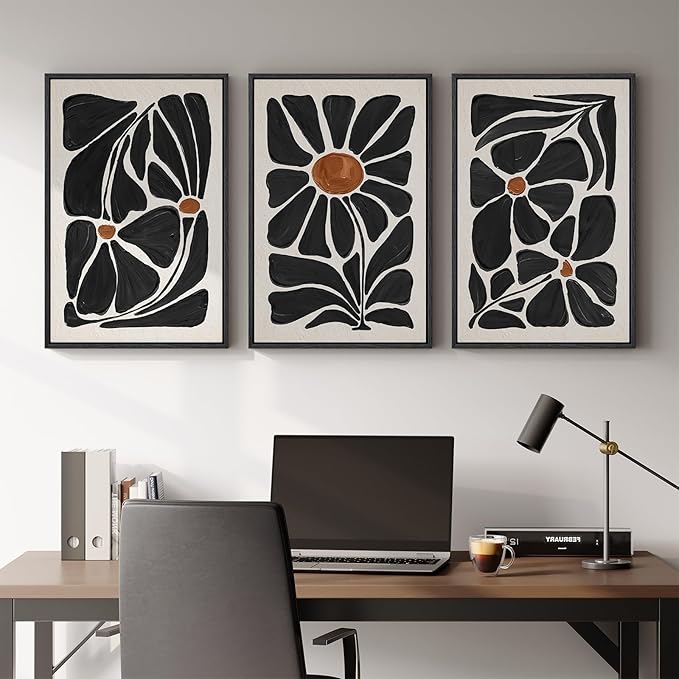 Large Framed Boho Abstract Floral Wall Art for Living Room, 3 Piece Mid-Century Modern Botanical Canvas Painting Prints Artwork for Walls, Black and White Flowers for Bedroom Hallway Office, 24x36 In