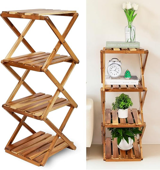 BEEFURNI Acacia Plant Stand Indoor Corner, Wooden Outdoor 4 Tier Corner Planter Stand, Foldable Shelf Display, Tall Plant Bench for Succulent, Easy Assembly, Window Decor, 1-year Manufacturer Warranty