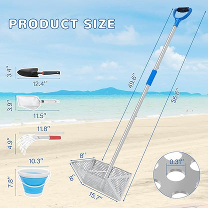 Beach Sand Sifter, 304 Stainless Steel, Detachable 60 Inches Long Handle, 16'' Basket with Sharp Teeth. Includes D-Handle Grip, Small Shovels, Sifter and Bucket