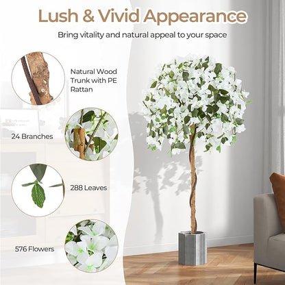 GOFLAME 53" Artificial Bougainvillea Tree, 2 Pack Faux Silk Flower Plant in Pot with 576 Flowers & 288 Leaves, Indoor Outdoor Fake Bougainvillea for Home, Office and Garden Decor, White