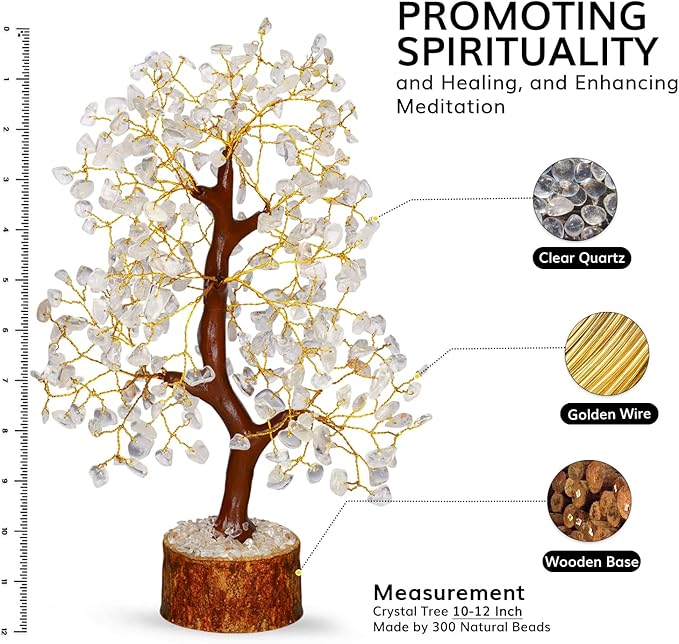 NARIBABU Clear Quartz Crystal Tree – 10-12 Inch Gemstone Tree with Golden Wire & Wooden Base – Healing Crystals Decor, Gifts for Her, Spiritual Gift, Birthday Gift for Women