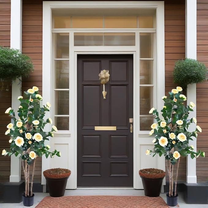 2pc 5ft Decorative Artificial Camellia Tree with YellowFlowers, Potted Faux Floral Plant, Realistic Blooming Fake Plants for Indoor Outdoor Home Front Door Planter Decor