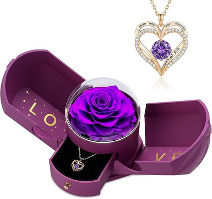 Preserved Purple Rose with Heart Necklace, Eternal Real Rose Flowers, Romantic Rose Gifts for Women, Mom, Wife, Grandma, Girlfriend, Birthday, Anniversary, Mother’s Day(Purple)