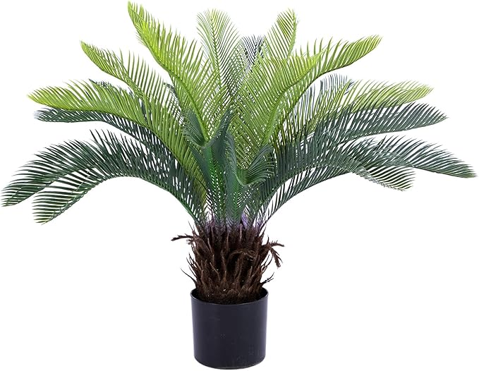 2ft Artificial Cycad Tree UV Resistant with Lifelike Bark & Realistic Leaves, 24in Super Full Faux Sago Palm Tree, for Porch Patio Front Door Home Office Decor