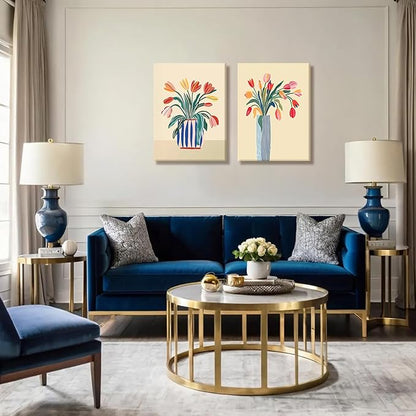 RUMSICH 2 Pcs Abstract Tulip Canvas Wall Art Modern Floral Wall Decor Pictures Colorful Botanical Posters Print Vintage Blue Striped Vase Paintings Artwork Living Room Bedroom Office Decor 16x24 Inch