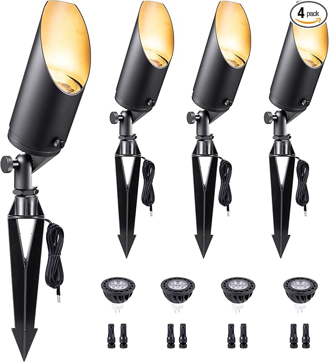 Gardenreet Brass Landscape Lighting - Black Low Voltage Outdoor Spotlights, Wired LED Uplights 12V, Waterproof Spot Lights for Outside Trees with 5W 5000K Daylight MR16 Bulb (4 Pack)