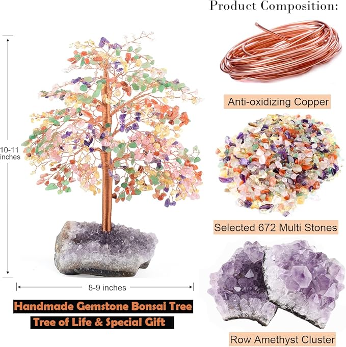 Natural Gemstone Crystal Tree of Life,Chakra Tree Multi Stone,Amethyst Geode Cluster Base,Positive Energy Healing Crystals Bonsai Money Tree,Feng Shui Home Decor Spritural Gift10-12"