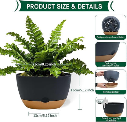 8 Inch Pots for Indoor Plants, Self Watering Planters with Drainage and Saucers, Plastic Outdoor Flower Pot, Set of 2, Grey