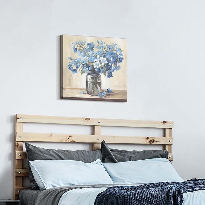 ArtSquare Blue Flower Pictures Wall Decor - Modern Floral Canvas Art Blossom in Vase Artwork Print for Living Room Bathroom 24x24 Inch
