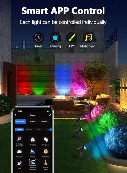 APPECK Smart Landscape Lighting, IP67 Waterproof Landscape Spotlights, 3000LM Dimmable RGBICW Pathway Lights Compatible with Alexa, Spot Lights for Christmas Outdoor Decoration, 4 Pack