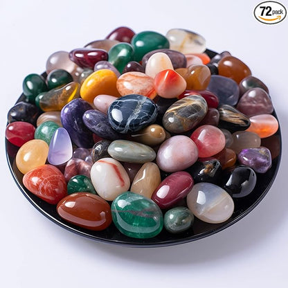 Polished Stone Pebbles Set Mixed Crystals, 72 Pcs 0.5" Handpicked Tumbled Stones Decorative Rocks for Reiki, Chakra, Healing, Home Decor, Mixed Pebbles