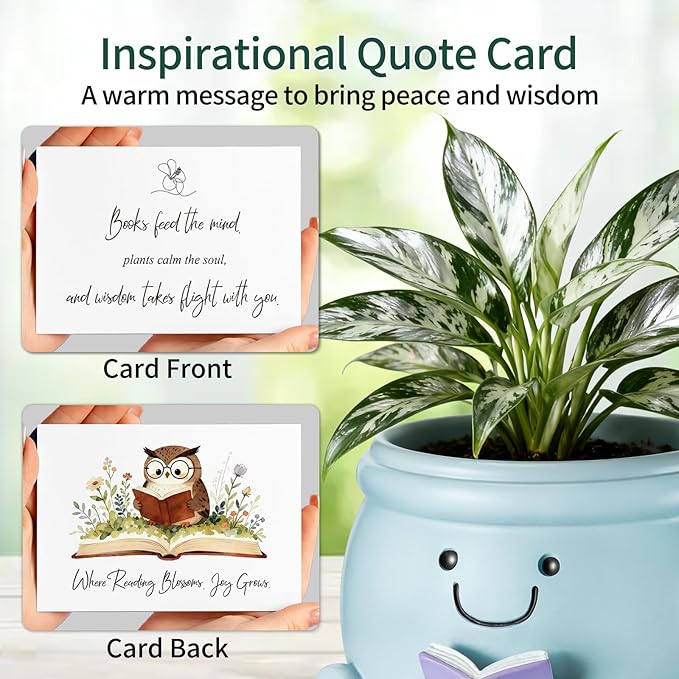 Book Lover Gift Set - Cute Reading Planter Pot with Positive Crochet Owl & Quote Card, Cozy Desk Decor for Teachers, Librarians, Women, Colleague, Friends