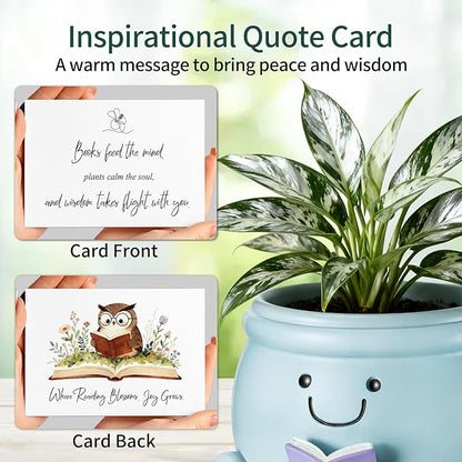 Book Lover Gift Set - Cute Reading Planter Pot with Positive Crochet Owl & Quote Card, Cozy Desk Decor for Teachers, Librarians, Women, Colleague, Friends