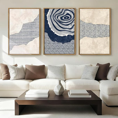 Anyzal Large Navy Blue Tree Rings Wall Art Framed Modern Abstract Neutral Paintings Artwork for Living Room Bedroom Office 16x24 Inch Set of 3