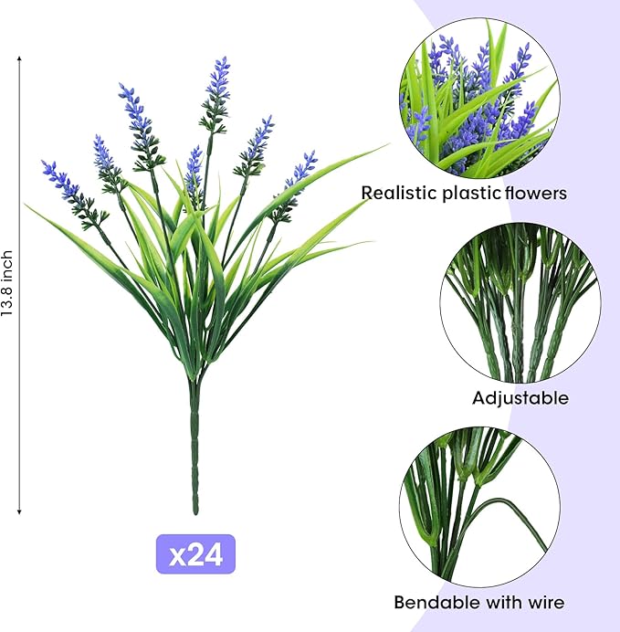 Ouddy Decor 24 Bundles Artificial Flowers for Outdoors, Fake Lavender Flowers Monkey Grass Faux Plastic Plants Shrubs UV Resistant for Porch Garden Window Box Office Home Decorations, Purple