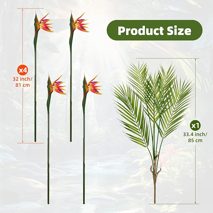 5Pcs 33.4Inch Artificial Birds of Paradise Plant Faux Birds of Paradise Stems for Vases with Palm Leaves for Wedding Home Party Hotel Table Centerpiece Indoor Outdoor Vases Decor(Green)