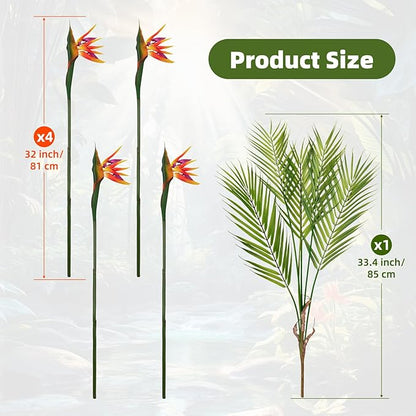 5Pcs 33.4Inch Artificial Birds of Paradise Plant Faux Birds of Paradise Stems for Vases with Palm Leaves for Wedding Home Party Hotel Table Centerpiece Indoor Outdoor Vases Decor(Green)