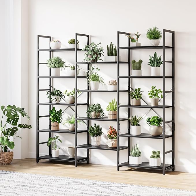 OTK Triple Wide 5 Tier Bookshelf, Rustic Industrial Style Bookcases with 14 Open Display Shelves, Wide Bookshelves for Bedroom, Living Room and Home Office, Black