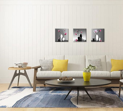 TEKMENT Flower Wall Art for Bathroom Hallway, SZ Elegant Orchid Still Life Canvas Painting Prints, Magnolia in Black and White Vases Picture (Ready to Hang, Waterproof Décor, 20x20 x3p Large)