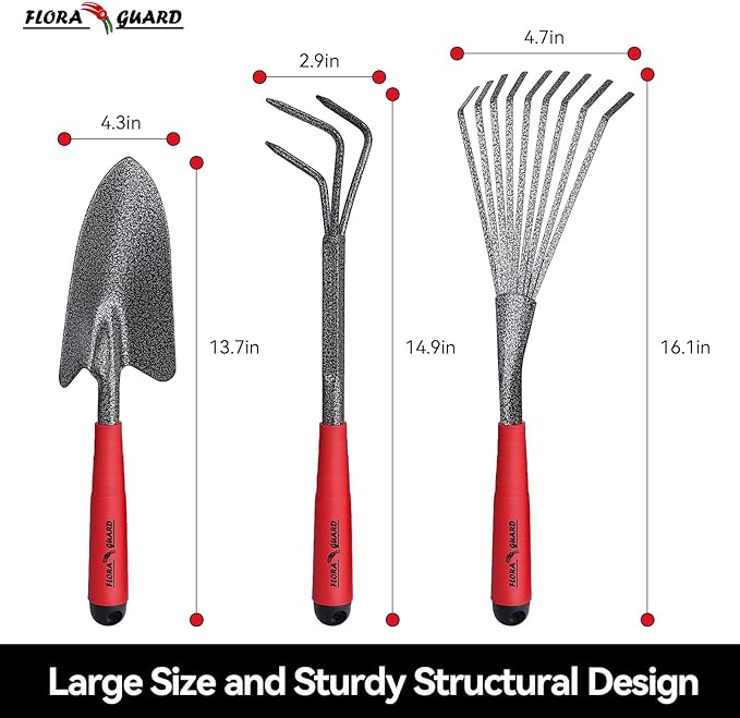 FLORA GUARD Garden Tool Set, 6-Piece Heavy Duty Gardening Hand Tools with Soft Rubber Handle, Includes Trowel, Rake, 2-in-1 Hoe & Crack Weeder, Durable Yard Tools, Essentials Garden Gift for Men Women