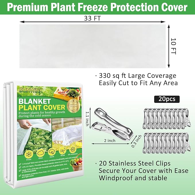 10×33 ft Plant Covers Freeze Protection- 1.4 oz/yd² Frost Cloths Blankets for Outdoor Plants, Reusable Floating Row Cover Plant Freeze Protection for Winter Garden Vegetables Raised Bed, White