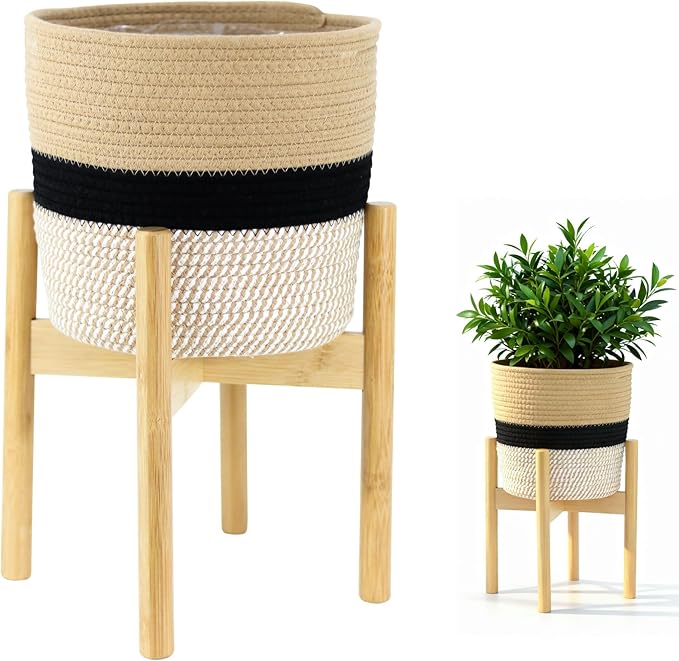 Plant Basket with Stand, Indoor Woven Basket with Bamboo Wood Stand Round Boho Planter Pot Holder Rustic Baskets for Plants and Home Decor
