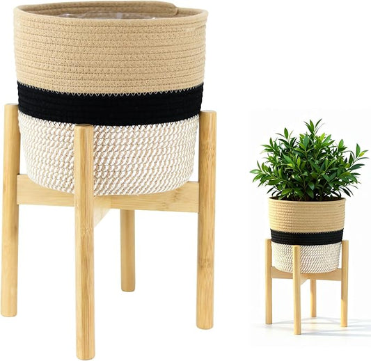Plant Basket with Stand, Indoor Woven Basket with Bamboo Wood Stand Round Boho Planter Pot Holder Rustic Baskets for Plants and Home Decor