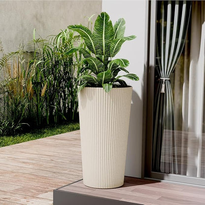 Tall Outdoor Planter Set of 2-23.6" Large Striped Plastic Flower Pots, Decorative Indoor/Outdoor Planters for Porch, Patio, Balcony & Garden, Cream
