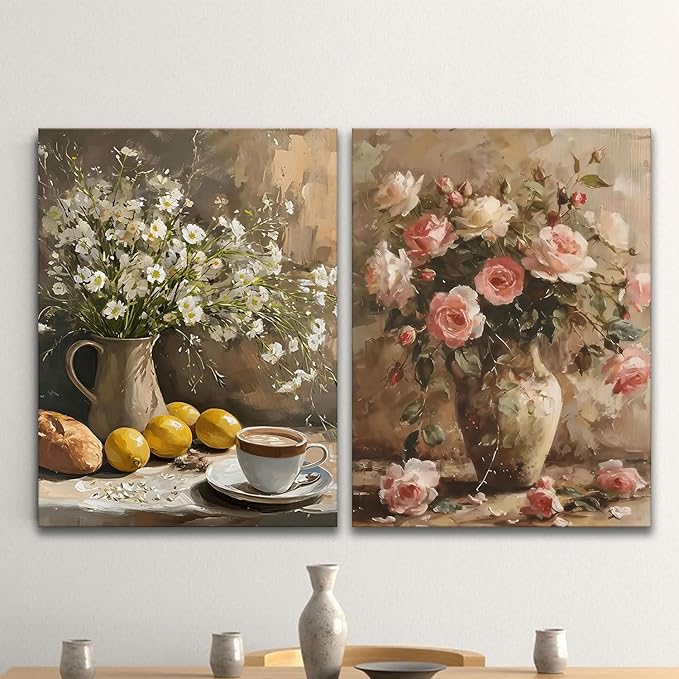 Kdyudo 2 pcs Vintage Floral Canvas Framed Wall Art French Country Pink Rose Oil Painting Print Daisy Lemon Still Life Kitchen Poster Artwork Suitable for Living Room Dining Room Wall Decor 12x16 inch