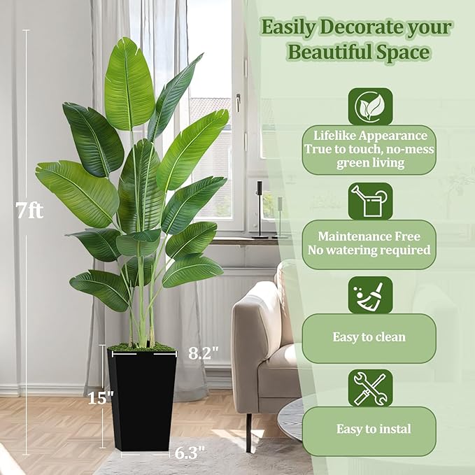 Lifelike Bird of Paradise Artificial Plant 7ft Faux Banana Leaf Tree with Black Tall Planter for Home Decor - Perfect Indoor Silk Floor Plant for Living Room, Office, and Bedroom Ambiance Enhancement
