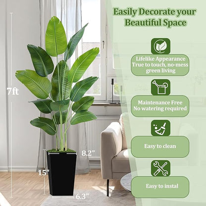 Lifelike Bird of Paradise Artificial Plant 7ft Faux Banana Leaf Tree with Black Tall Planter for Home Decor - Perfect Indoor Silk Floor Plant for Living Room, Office, and Bedroom Ambiance Enhancement