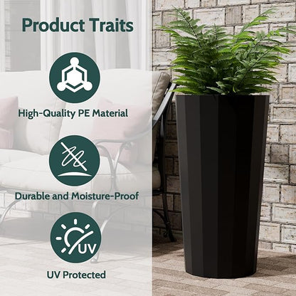 2PCS Tall Planters for Outdoor Plants, 23.6 Inches Large Outdoor Conical Flower Pots for Porch with Drainage Holes and Drainage Baffle, Tapered Large Planters for Garden, Balcony Use, Black
