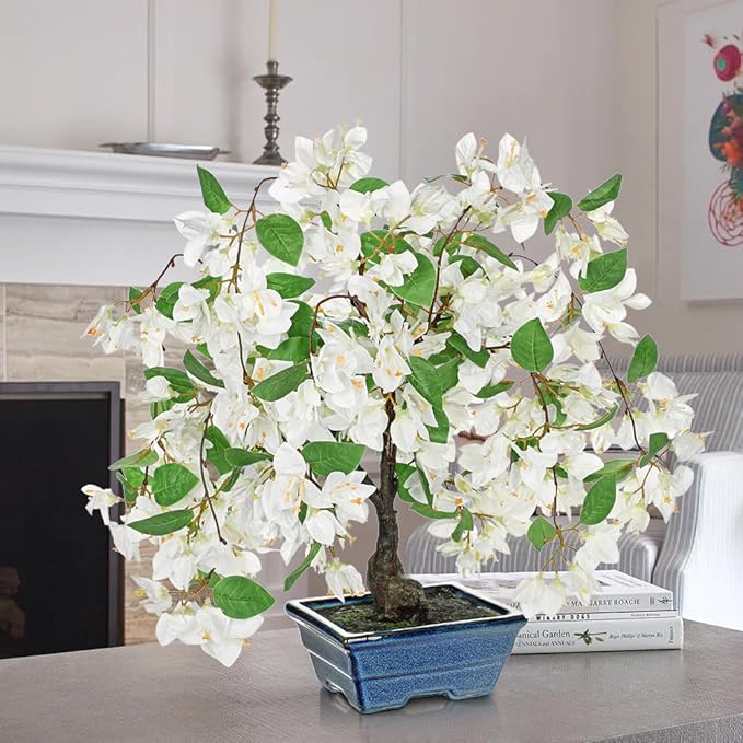 Briful Artificial Bougainvillea Tree in Blue Pot 18.5" Tall Faux Bougainvillea Floral Tree Tropical Silk Fake Bougainvillea Plant for Home Office Living Room Table Décor(White)