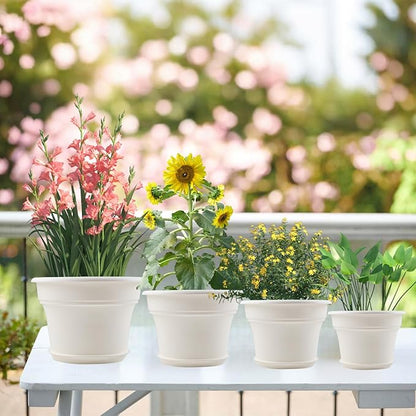 8 Inch Plastic-Flower Pot-for-Indoor Plants, 4 Pack Large Outdoor Planter Pot with Drainage Holes & Saucers, Resin Decorative Garden Pots Planters