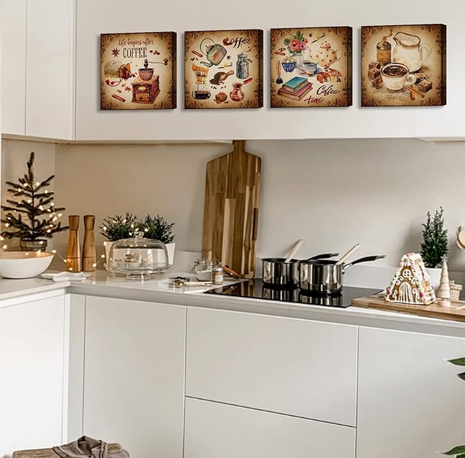 BLINFEIRU Kitchen Wall Art Coffee Decor Canvas Prints Vintage Brown Pictures for Coffee Bar Wall Decor 4 Panel Modern Artwork for Dining Room Cafe Restaurant Decorations Framed 12" Wx12 Hx4