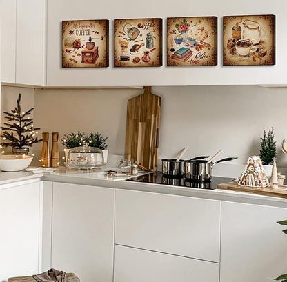 BLINFEIRU Kitchen Wall Art Coffee Decor Canvas Prints Vintage Brown Pictures for Coffee Bar Wall Decor 4 Panel Modern Artwork for Dining Room Cafe Restaurant Decorations Framed 12" Wx12 Hx4