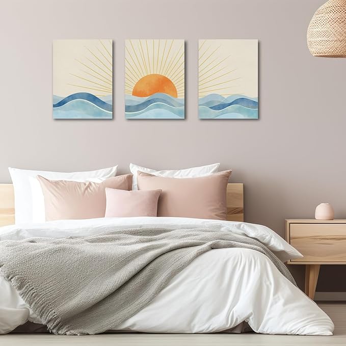 Boho Sun Ray Framed Canvas Wall Art Decor Set of 3, Neutral Geometric Sun Rising on the Sea Painting Artworks for Wall, Minimalist Art Picture for Home Living Room Bathroom Office, 11.4"x15"