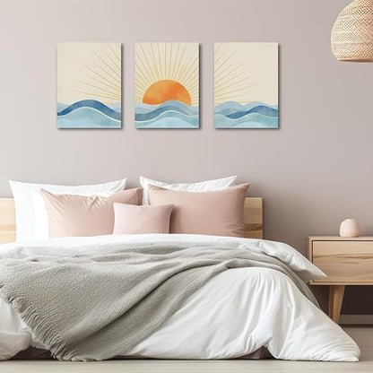 Boho Sun Ray Framed Canvas Wall Art Decor Set of 3, Neutral Geometric Sun Rising on the Sea Painting Artworks for Wall, Minimalist Art Picture for Home Living Room Bathroom Office, 11.4"x15"