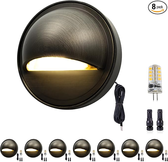 Gardenreet Low Voltage Deck Lights - Landscape Solid Brass Step Lights Outdoor, 12V LED Wired Waterproof, Round Bronze Lighting for Fence Wall Stair with Replaceable Cool White G4 Bulb 8 Pack