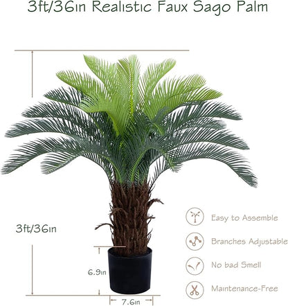 Bellacat 3ft UV Resistant Faux Sago Palm Tree with Natural & Lifelike Bark, 35in Super Full Artificial Cycad Tree with Realistic Leaves, for Home Office Patio Porch Front Door Decor.