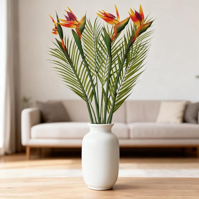 5Pcs 33.4Inch Artificial Birds of Paradise Plant Faux Birds of Paradise Stems for Vases with Palm Leaves for Wedding Home Party Hotel Table Centerpiece Indoor Outdoor Vases Decor(Green)