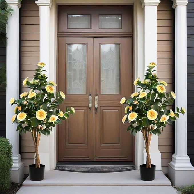 2pc 4ft Decorative Artificial Camellia Tree with Yellow Flowers, Potted Faux Floral Plant, Realistic Blooming Fake Plants for Indoor Outdoor Home Front Door Planter Decor