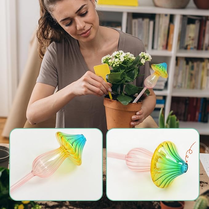 4 PCS Glass Plant Watering Globes Mushroom - Self Watering Globes & Bulbs Plant Watering Devices for Indoor & Outdoor Use Automatic Watering Bulbs