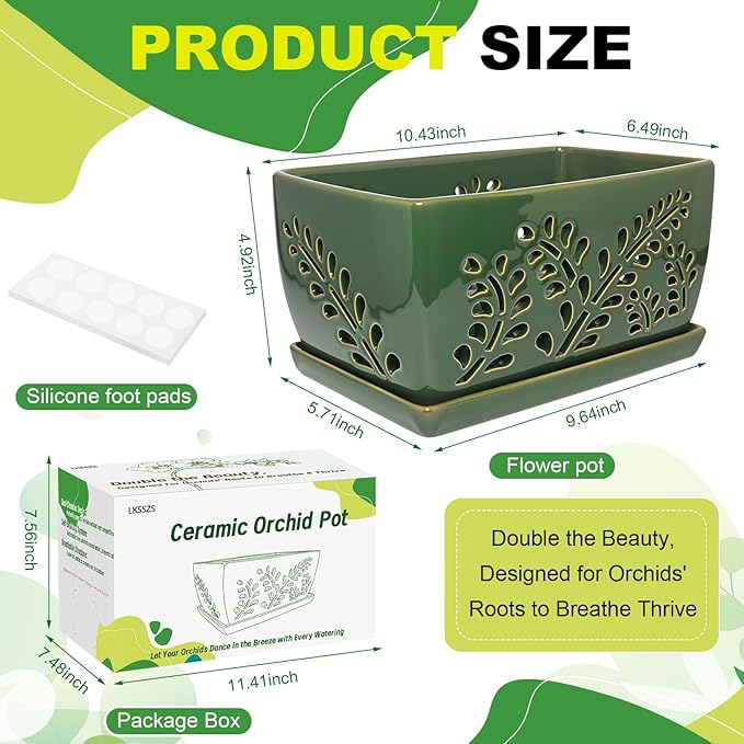 Ceramic Orchid Pot, 10 Inch Orchid Pots with Holes, Premium Thickened Handmade Glazed Pot for Orchidaceae Plants, Indoor Outdoor Decorative Flower Pots for Easy Repotting