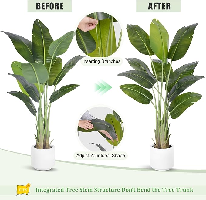 Artificial Bird of Paradise Plant 5Ft Tall Fake Tropical Palm Tree Large Fake Plants with 10 Silk Banana Leaves Faux Plant Indoor Decor Trees with White Pot for Home Bedroom Living Room Office
