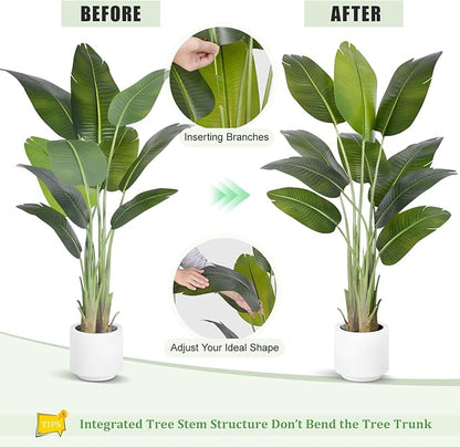 Artificial Bird of Paradise Plant 5Ft Tall Fake Tropical Palm Tree Large Fake Plants with 10 Silk Banana Leaves Faux Plant Indoor Decor Trees with White Pot for Home Bedroom Living Room Office