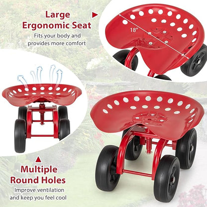 Goplus Garden Cart with Wheels, Utility Stool Cart w/Adjustable 360 Degree Swivel Seat, Outdoor Lawn Yard Rolling Work Seat, Garden Scooter for Planting (Red)