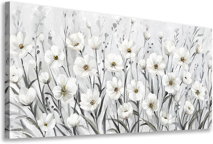 arteWOODS Flowers Canvas Wall Art - Grey White Wildflowers Pictures Wall Decor Botanical Painting Artwork Elegant Floral Prints for Living Room Bedroom Office Home Decor Ready to Hang 48 x 24in